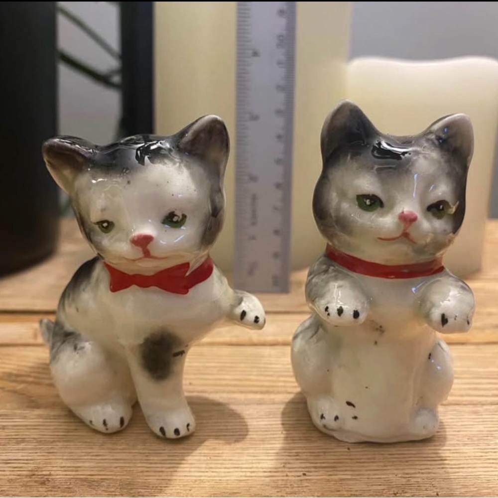 Vintage Kitten/Cat Salt and Pepper Shaker with Red Accents
